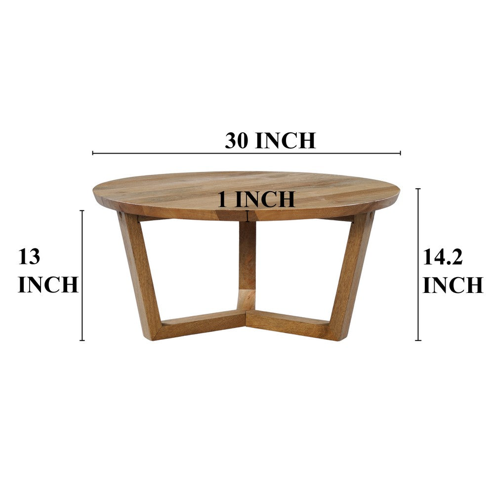 The Urban Port Nina 30 inch Round Mango Wood Coffee Table - Handcrafted Natural Brown, Sturdy 3-Leg Sled Base
