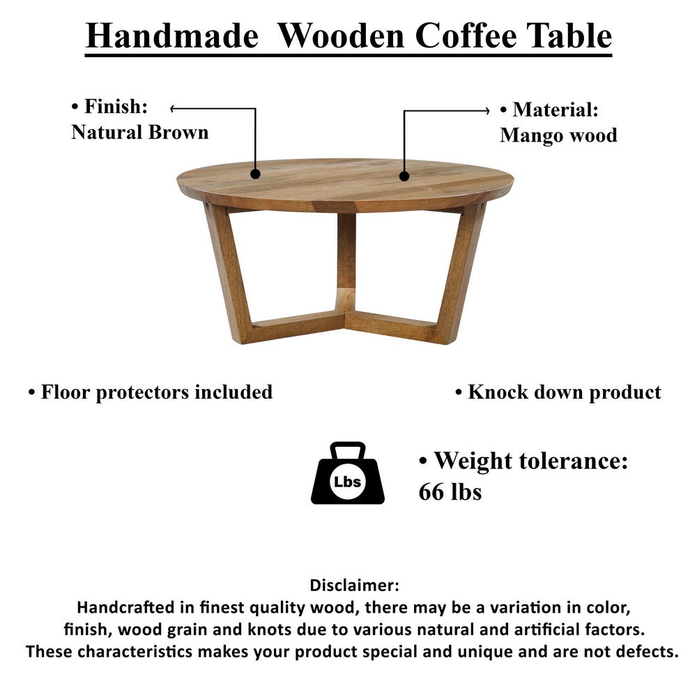 The Urban Port Nina 30 inch Round Mango Wood Coffee Table - Handcrafted Natural Brown, Sturdy 3-Leg Sled Base