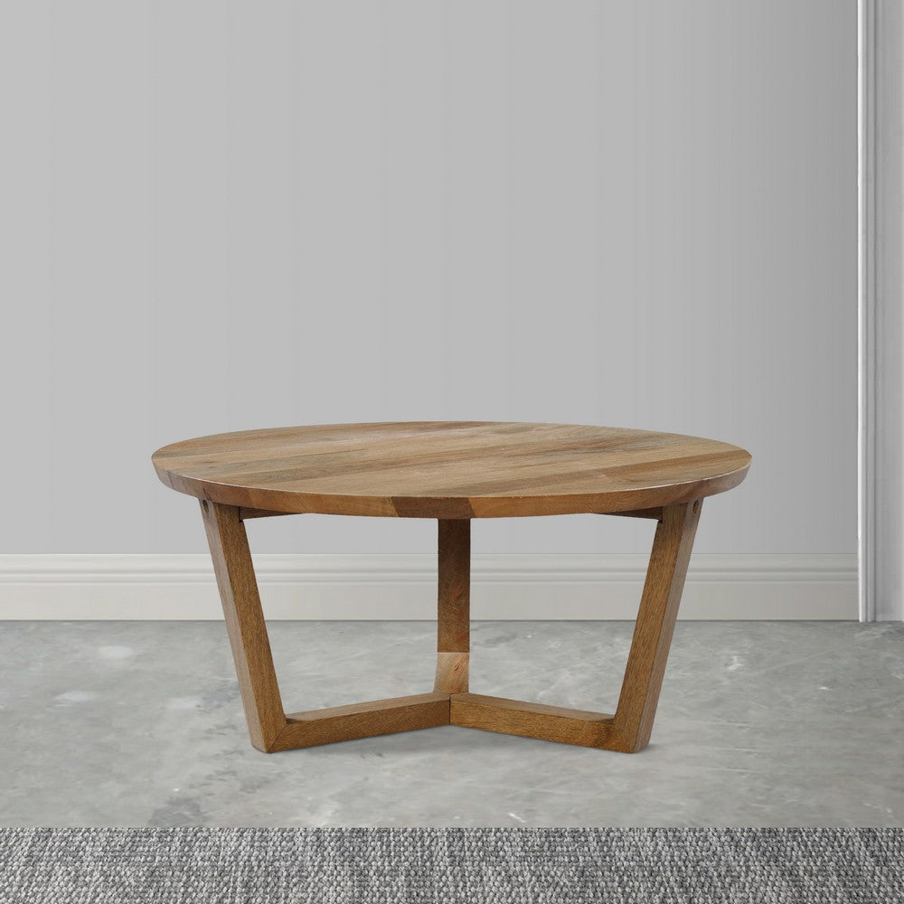 The Urban Port Nina 30 inch Round Mango Wood Coffee Table - Handcrafted Natural Brown, Sturdy 3-Leg Sled Base