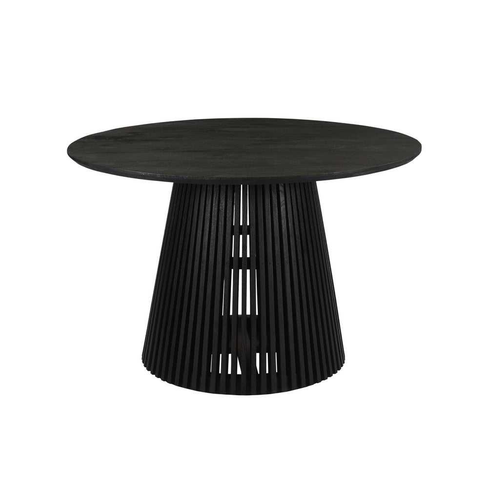The Urban Port Ridge 47 Inch Handcrafted Mango Wood Round Dining Table, Slatted Flared Base, Black