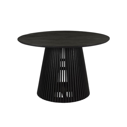 The Urban Port Ridge 47 Inch Handcrafted Mango Wood Round Dining Table, Slatted Flared Base, Black