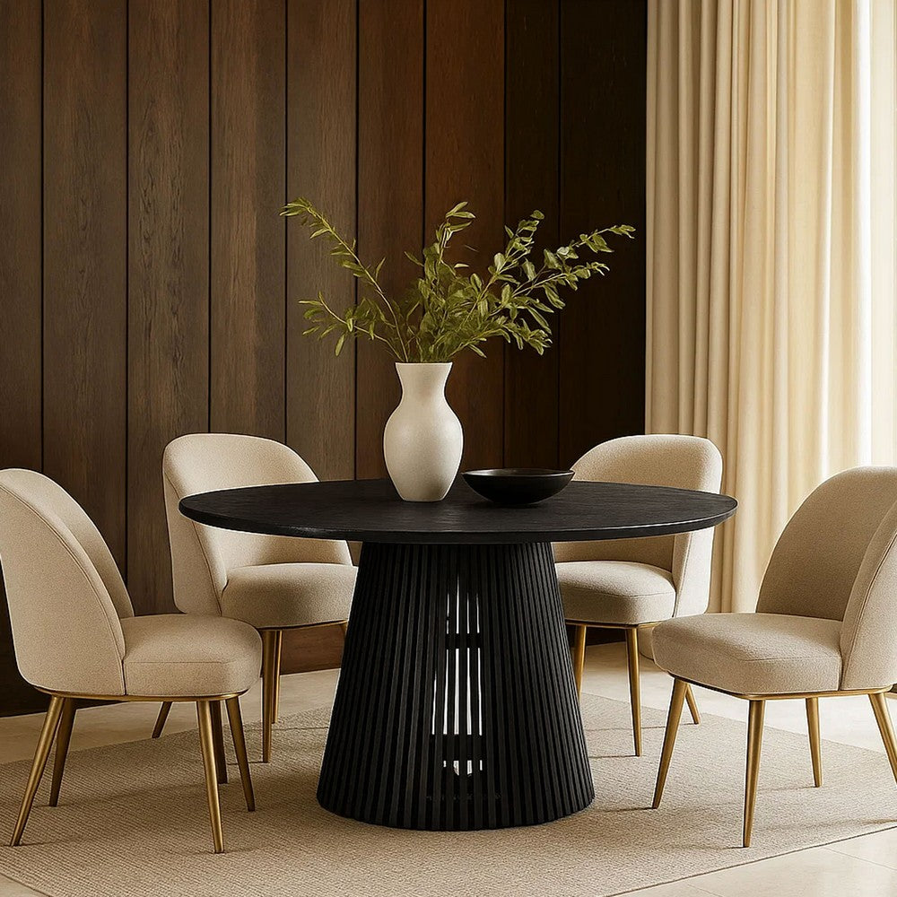 The Urban Port Ridge 47 Inch Handcrafted Mango Wood Round Dining Table, Slatted Flared Base, Black