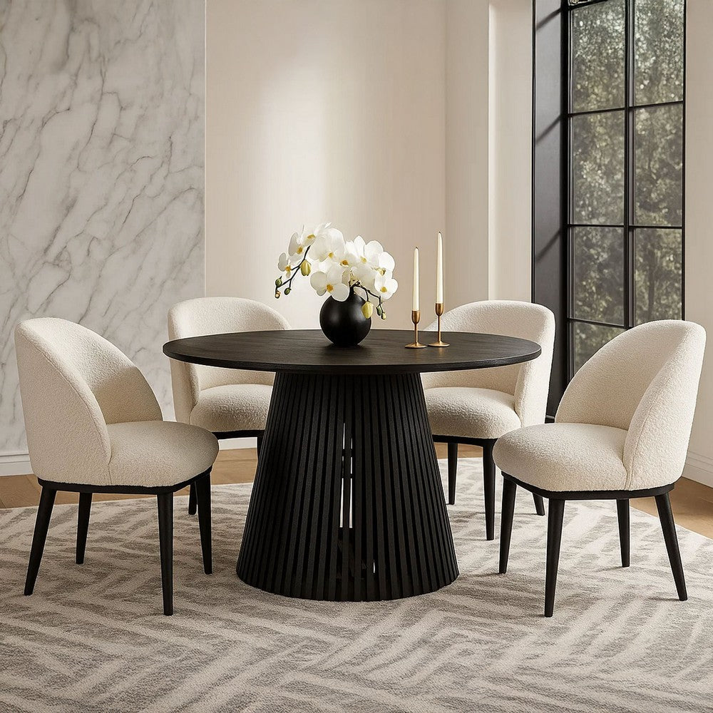 The Urban Port Ridge 47 Inch Handcrafted Mango Wood Round Dining Table, Slatted Flared Base, Black
