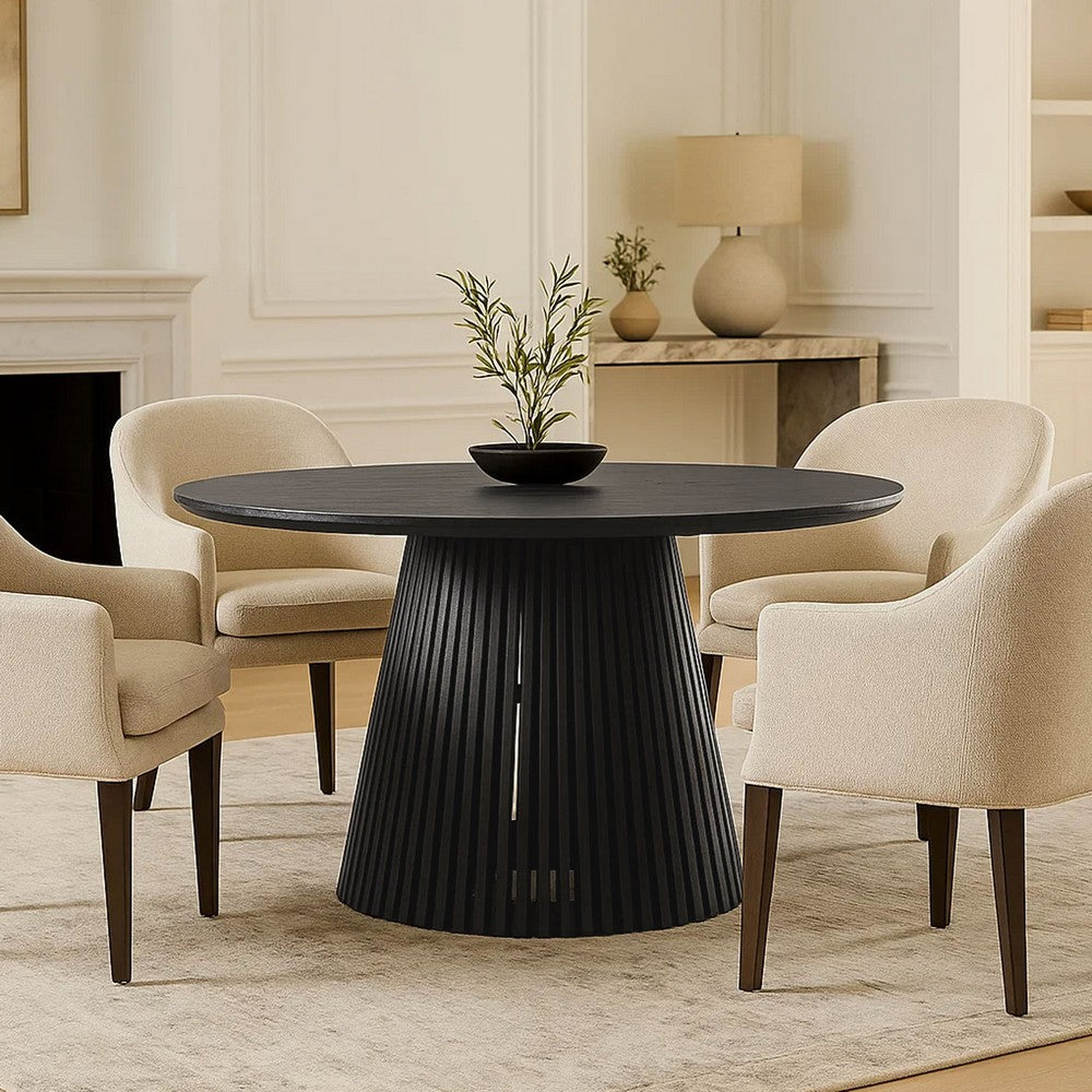 The Urban Port Ridge 47 Inch Handcrafted Mango Wood Round Dining Table, Slatted Flared Base, Black