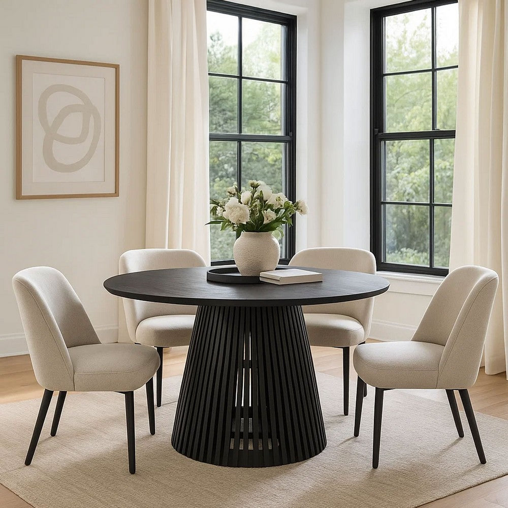 The Urban Port Ridge 47 Inch Handcrafted Mango Wood Round Dining Table, Slatted Flared Base, Black