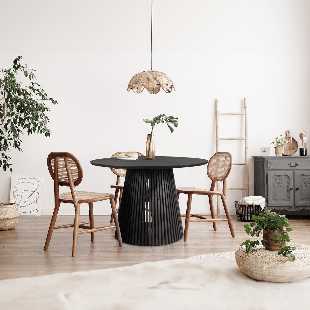 The Urban Port Ridge 47 Inch Handcrafted Mango Wood Round Dining Table, Slatted Flared Base, Black