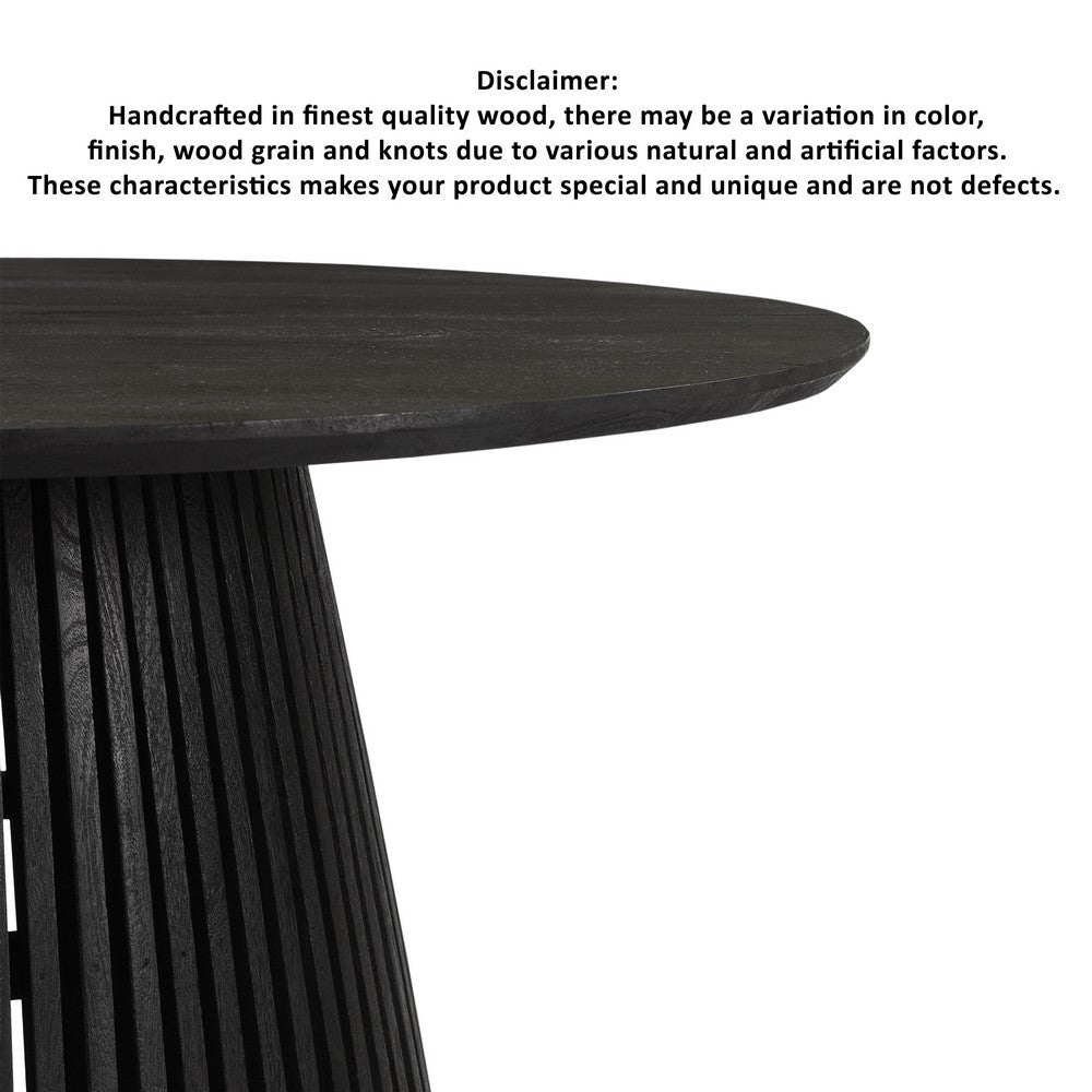 The Urban Port Ridge 47 Inch Handcrafted Mango Wood Round Dining Table, Slatted Flared Base, Black