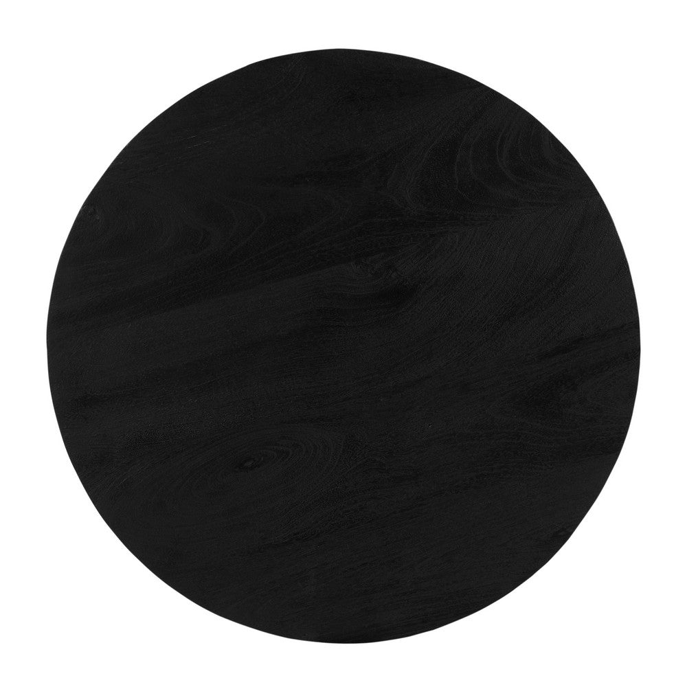 The Urban Port Ridge 47 Inch Handcrafted Mango Wood Round Dining Table, Slatted Flared Base, Black