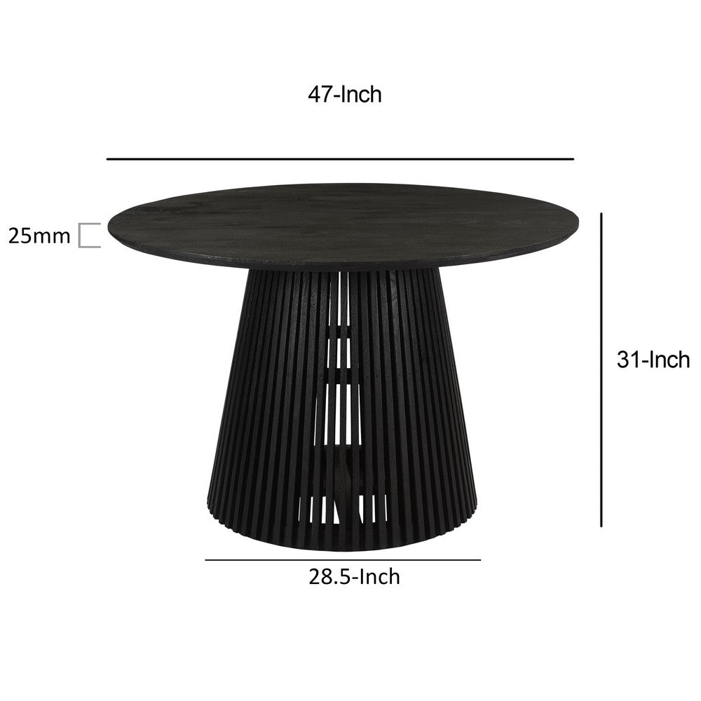 The Urban Port Ridge 47 Inch Handcrafted Mango Wood Round Dining Table, Slatted Flared Base, Black