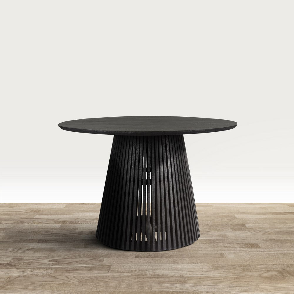 The Urban Port Ridge 47 Inch Handcrafted Mango Wood Round Dining Table, Slatted Flared Base, Black