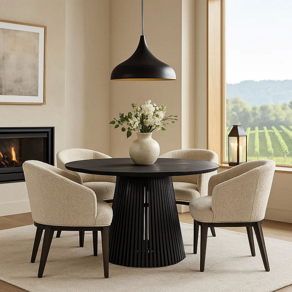 The Urban Port Ridge 47 Inch Handcrafted Mango Wood Round Dining Table, Slatted Flared Base, Black