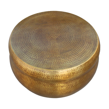 The Urban Port Kvira 32" Artisanal Round Drum Coffee Table, Hammered Embossed Texturing, Aluminum, Antique Brass