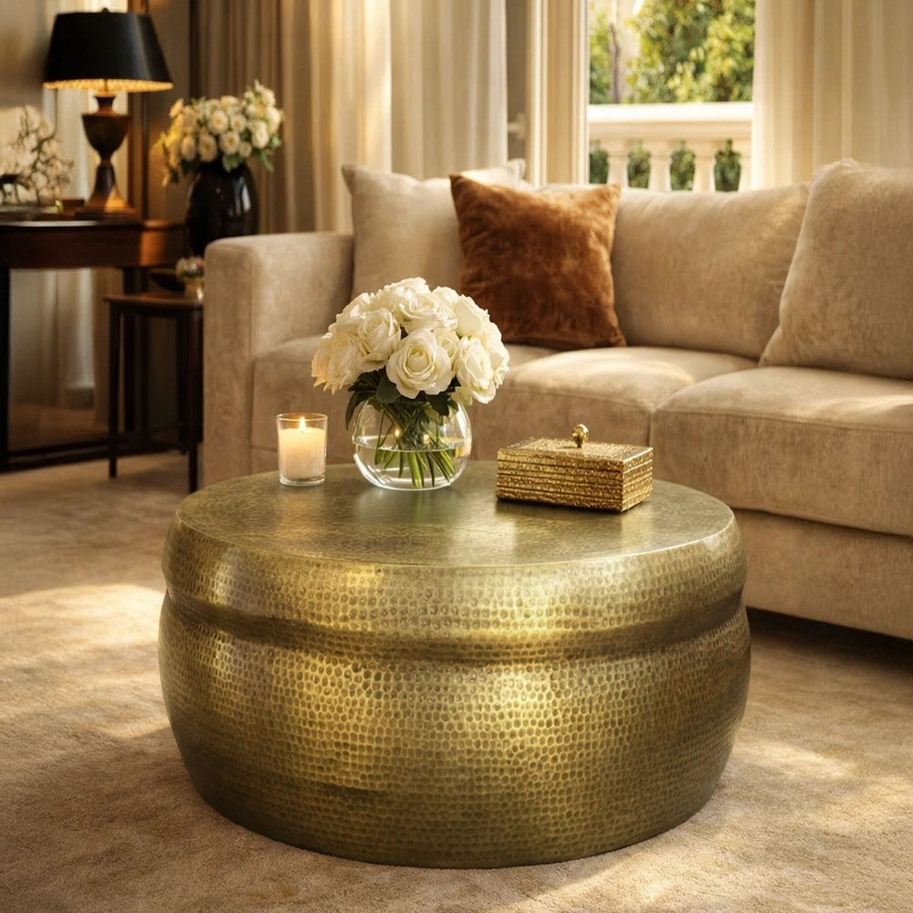 The Urban Port Kvira 32" Artisanal Round Drum Coffee Table, Hammered Embossed Texturing, Aluminum, Antique Brass