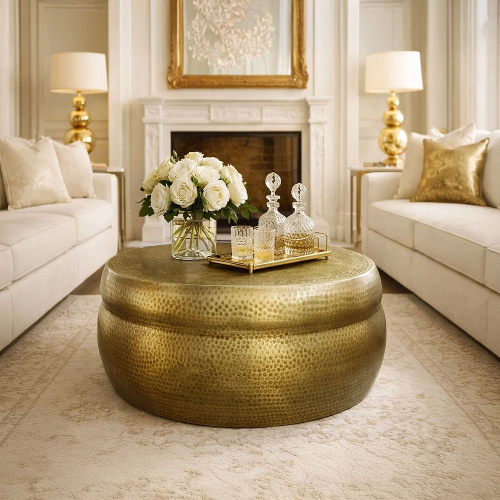 The Urban Port Kvira 32" Artisanal Round Drum Coffee Table, Hammered Embossed Texturing, Aluminum, Antique Brass