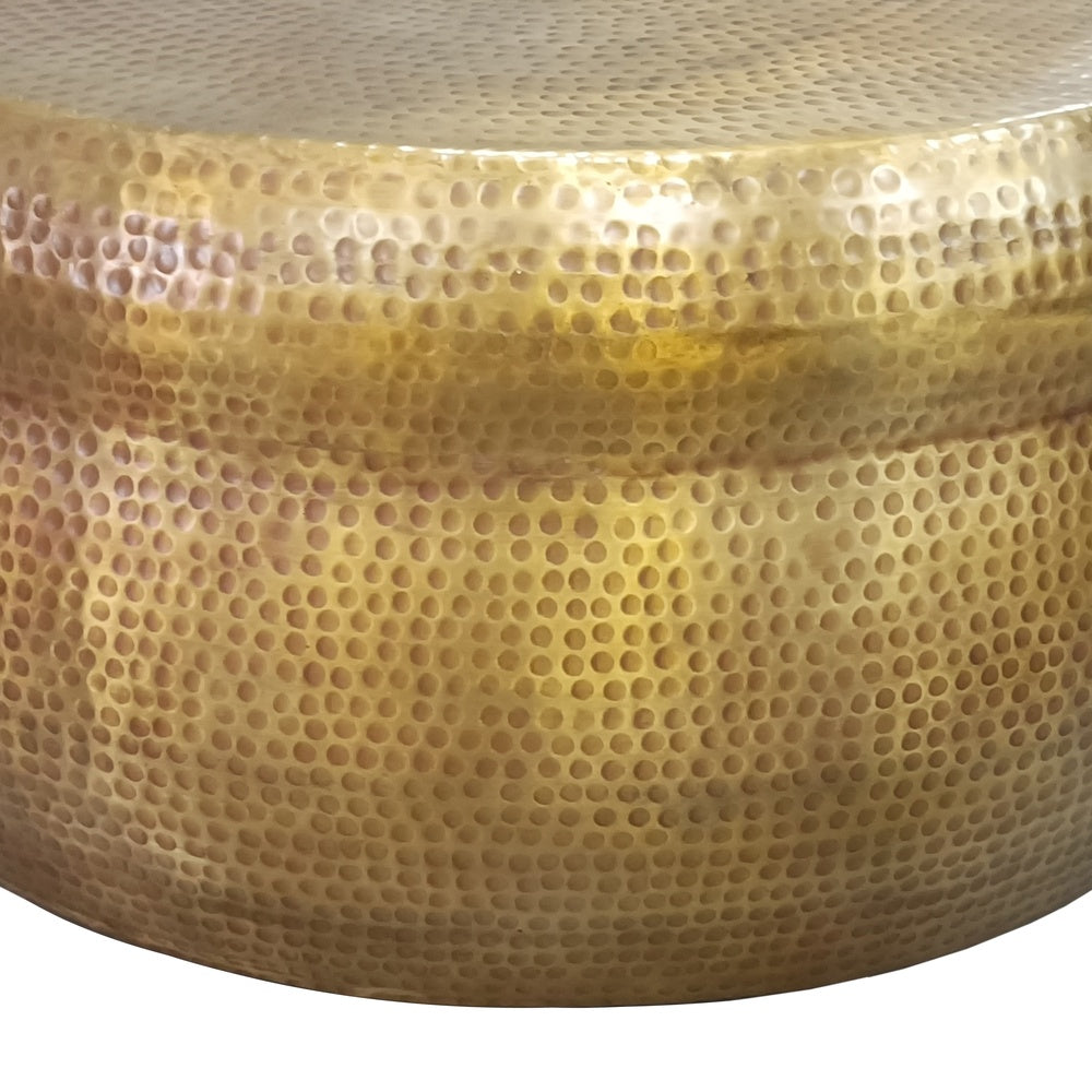 The Urban Port Kvira 32" Artisanal Round Drum Coffee Table, Hammered Embossed Texturing, Aluminum, Antique Brass