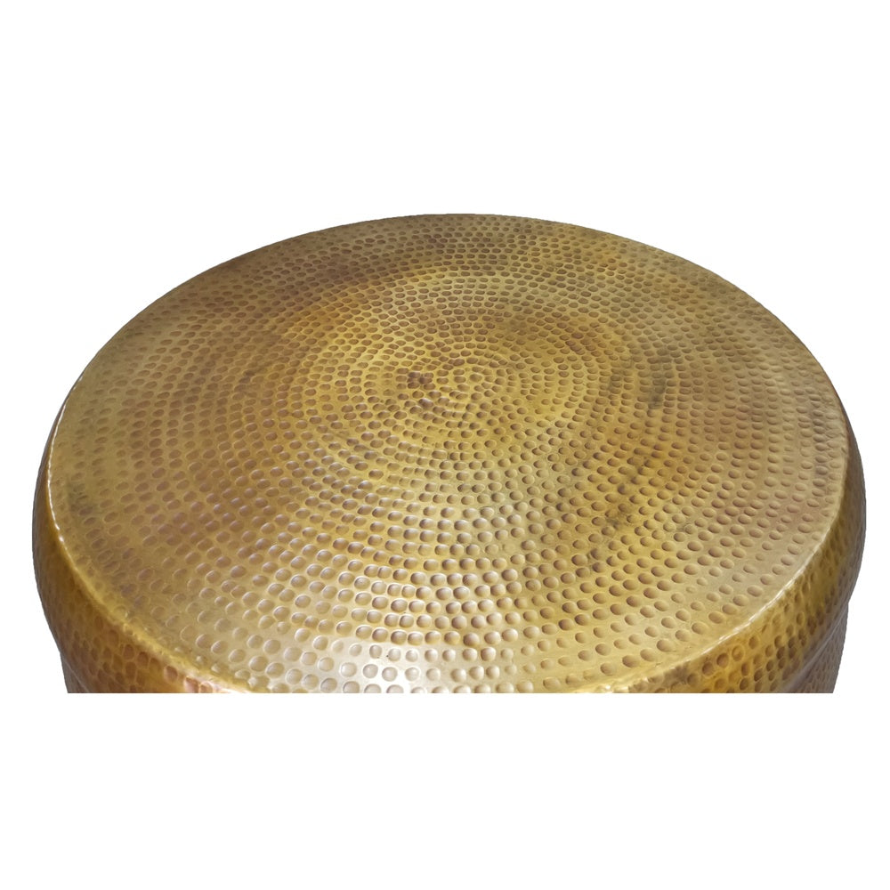 The Urban Port Kvira 32" Artisanal Round Drum Coffee Table, Hammered Embossed Texturing, Aluminum, Antique Brass