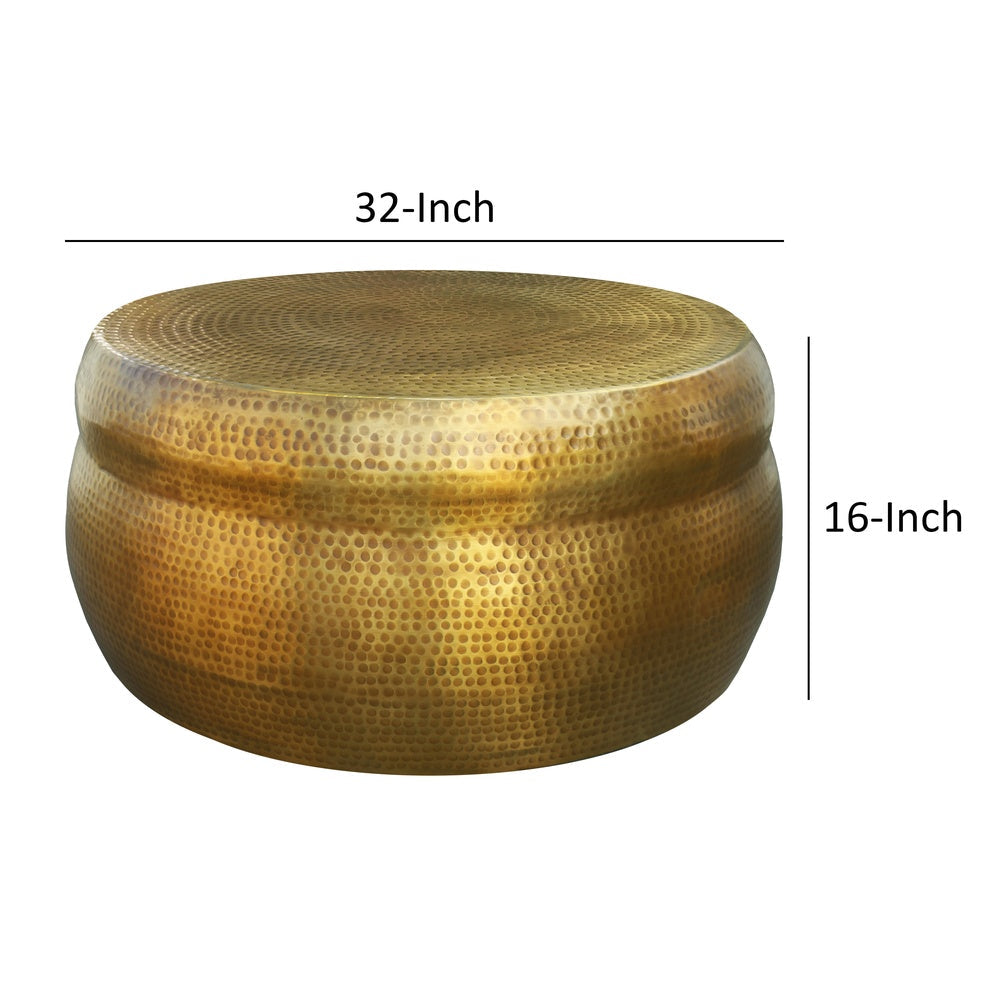 The Urban Port Kvira 32" Artisanal Round Drum Coffee Table, Hammered Embossed Texturing, Aluminum, Antique Brass