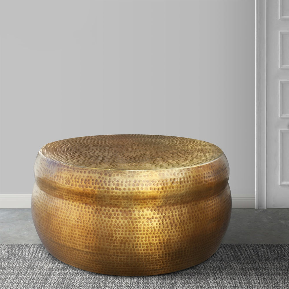 The Urban Port Kvira 32" Artisanal Round Drum Coffee Table, Hammered Embossed Texturing, Aluminum, Antique Brass