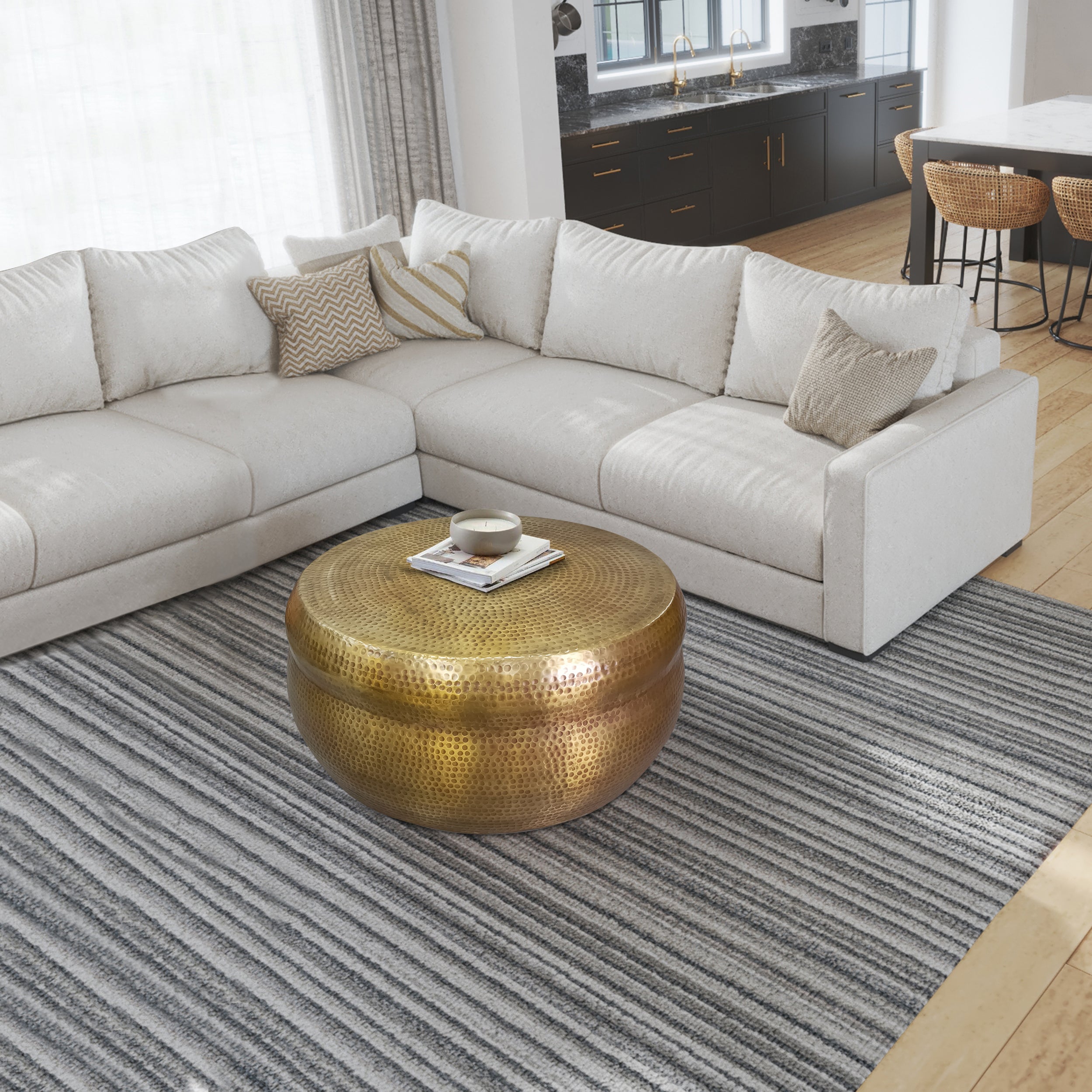 The Urban Port Kvira 32" Artisanal Round Drum Coffee Table, Hammered Embossed Texturing, Aluminum, Antique Brass