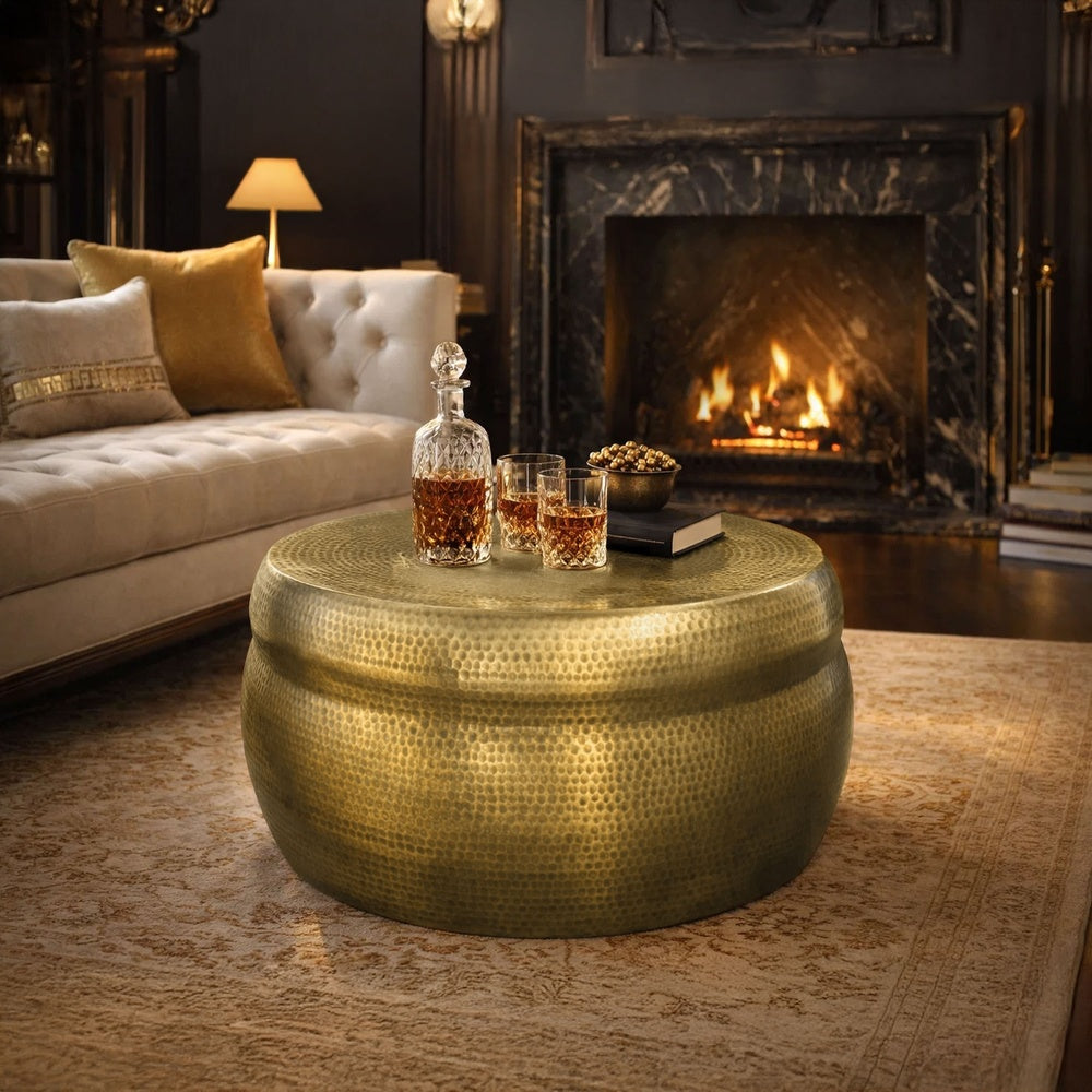 The Urban Port Kvira 32" Artisanal Round Drum Coffee Table, Hammered Embossed Texturing, Aluminum, Antique Brass