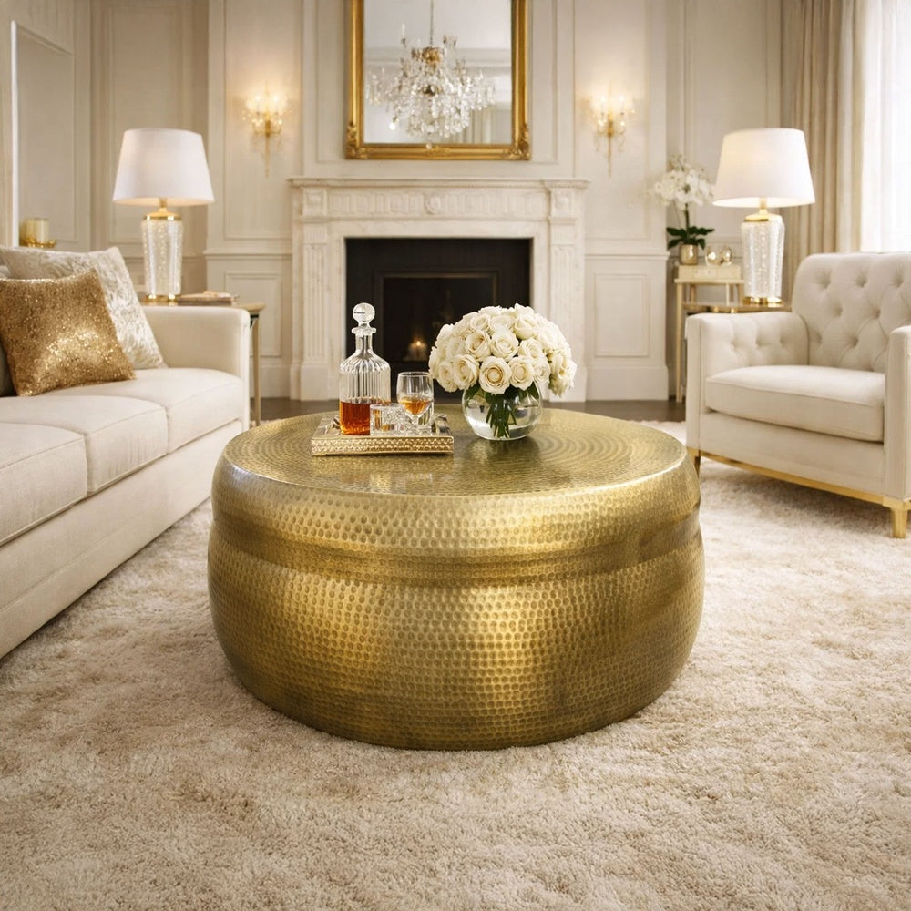 The Urban Port Kvira 32" Artisanal Round Drum Coffee Table, Hammered Embossed Texturing, Aluminum, Antique Brass