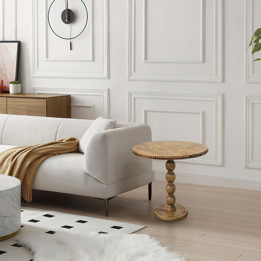 The Urban Port 21 Inch Side End Table, Round Top, Stacked Ball Post, Natural Brown Mango Wood