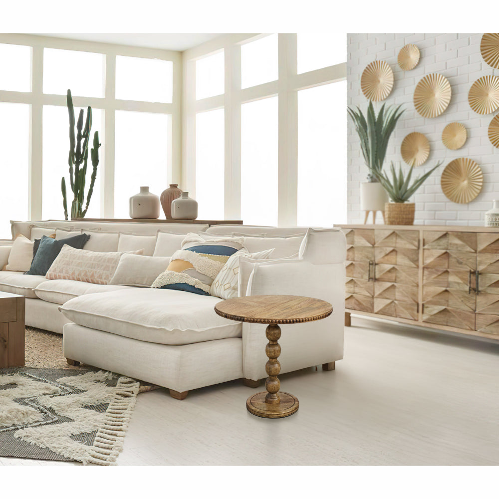 The Urban Port 21 Inch Side End Table, Round Top, Stacked Ball Post, Natural Brown Mango Wood