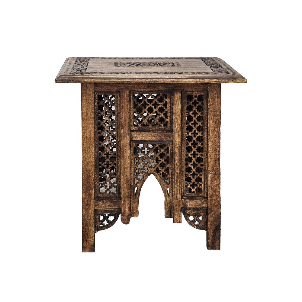The Urban Port 21 Inch Boho Side End Table, Floral Carved Details, Foldable Panel Legs, Natural Walnut Brown