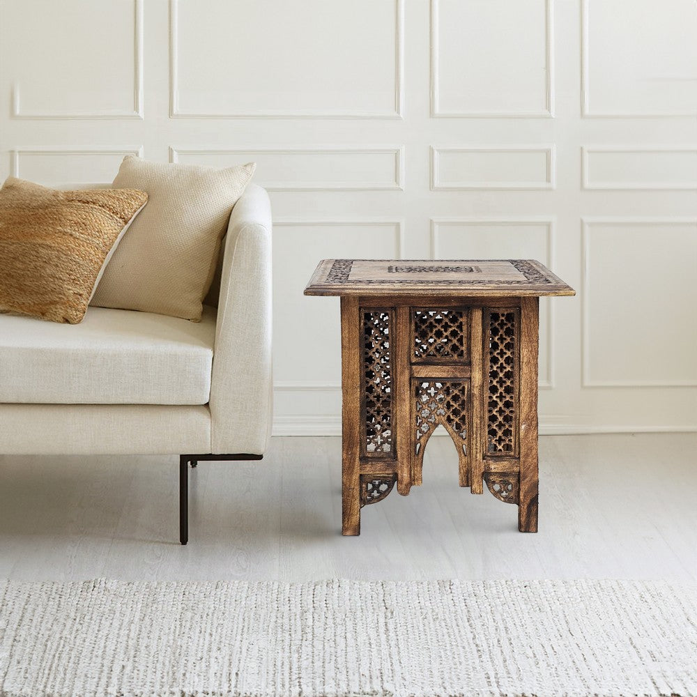 The Urban Port 21 Inch Boho Side End Table, Floral Carved Details, Foldable Panel Legs, Natural Walnut Brown
