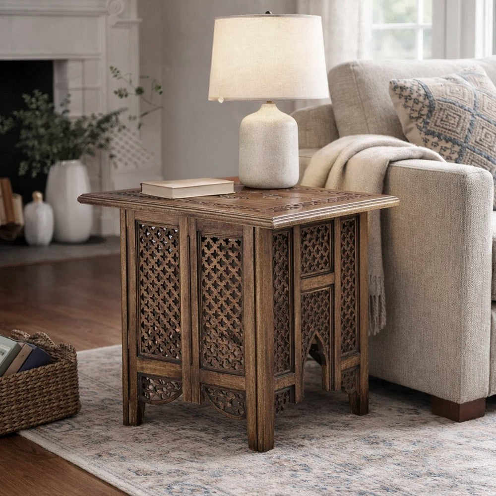 The Urban Port 21 Inch Boho Side End Table, Floral Carved Details, Foldable Panel Legs, Natural Walnut Brown