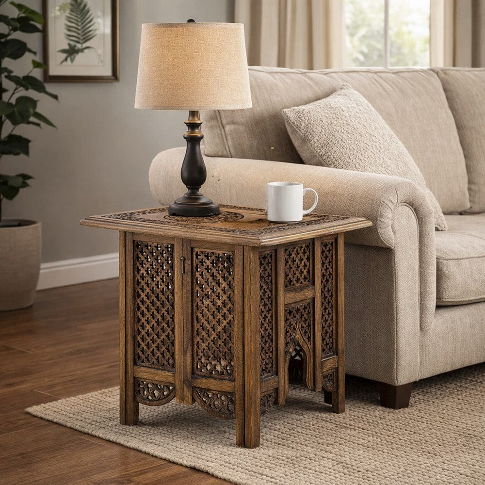 The Urban Port 21 Inch Boho Side End Table, Floral Carved Details, Foldable Panel Legs, Natural Walnut Brown