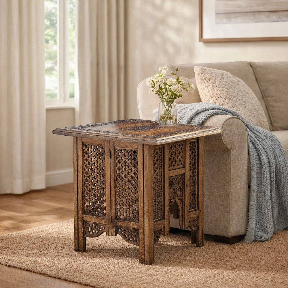 The Urban Port 21 Inch Boho Side End Table, Floral Carved Details, Foldable Panel Legs, Natural Walnut Brown