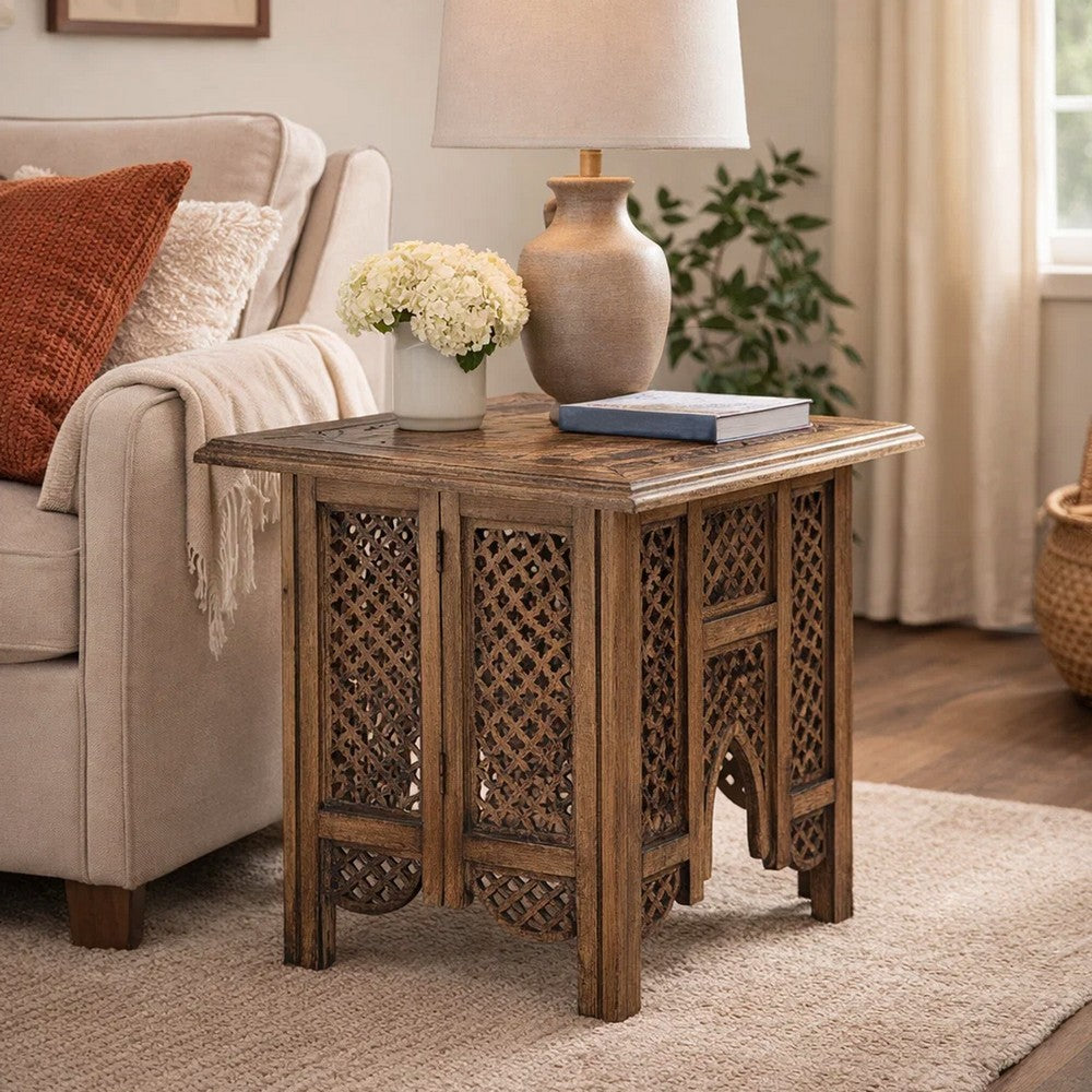 The Urban Port 21 Inch Boho Side End Table, Floral Carved Details, Foldable Panel Legs, Natural Walnut Brown