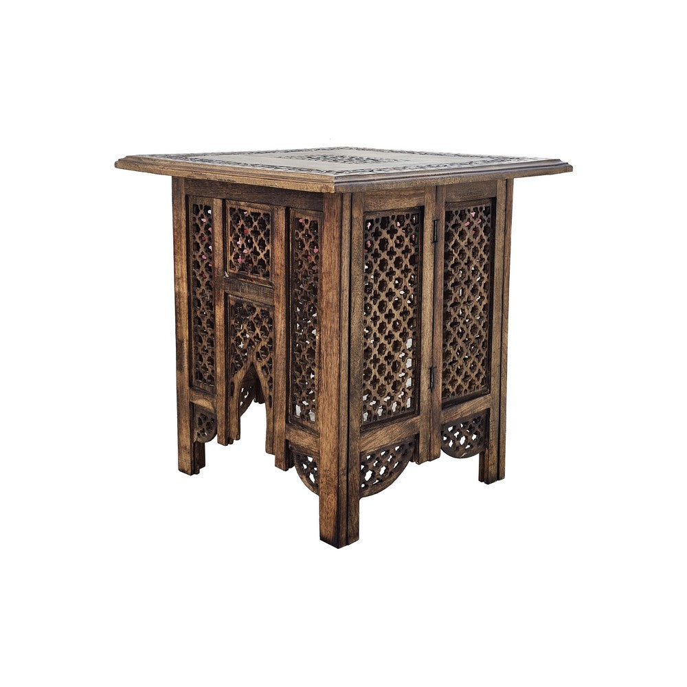 The Urban Port 21 Inch Boho Side End Table, Floral Carved Details, Foldable Panel Legs, Natural Walnut Brown