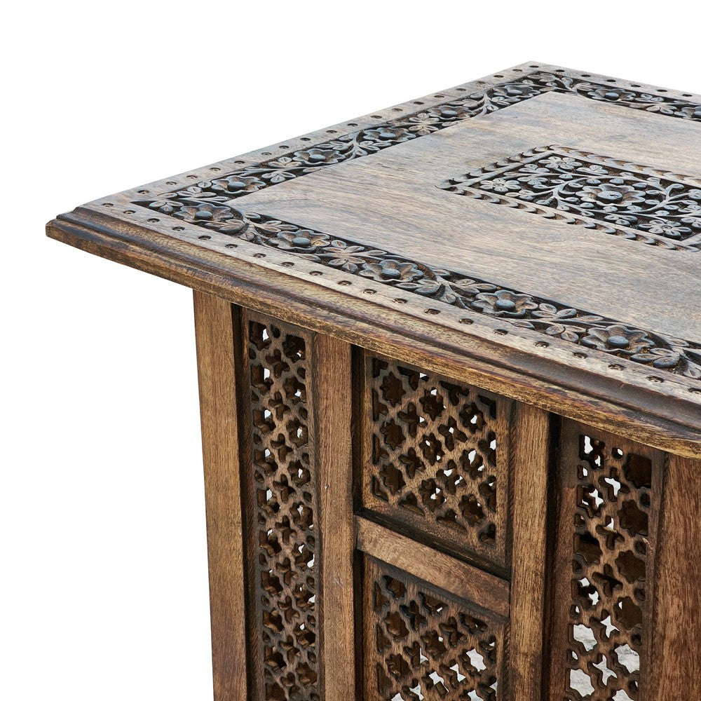 The Urban Port 21 Inch Boho Side End Table, Floral Carved Details, Foldable Panel Legs, Natural Walnut Brown