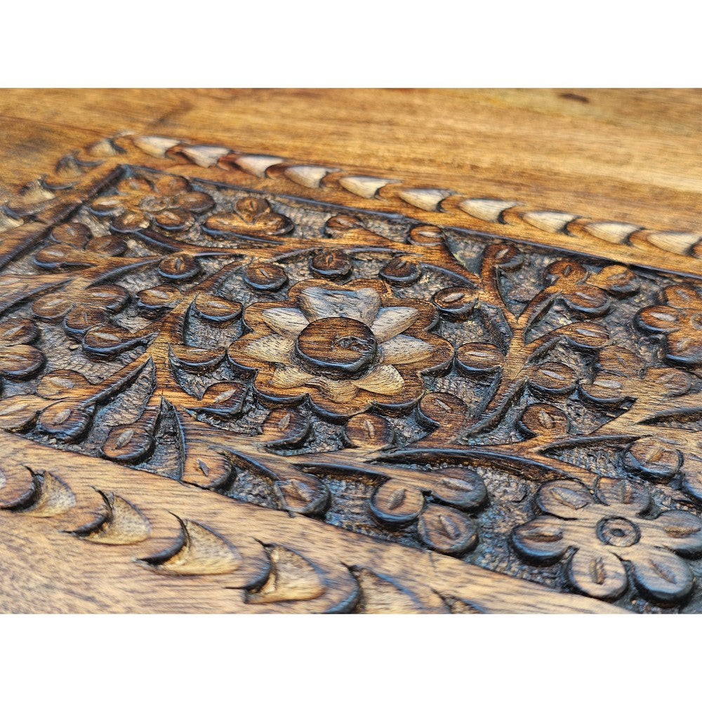 The Urban Port 21 Inch Boho Side End Table, Floral Carved Details, Foldable Panel Legs, Natural Walnut Brown