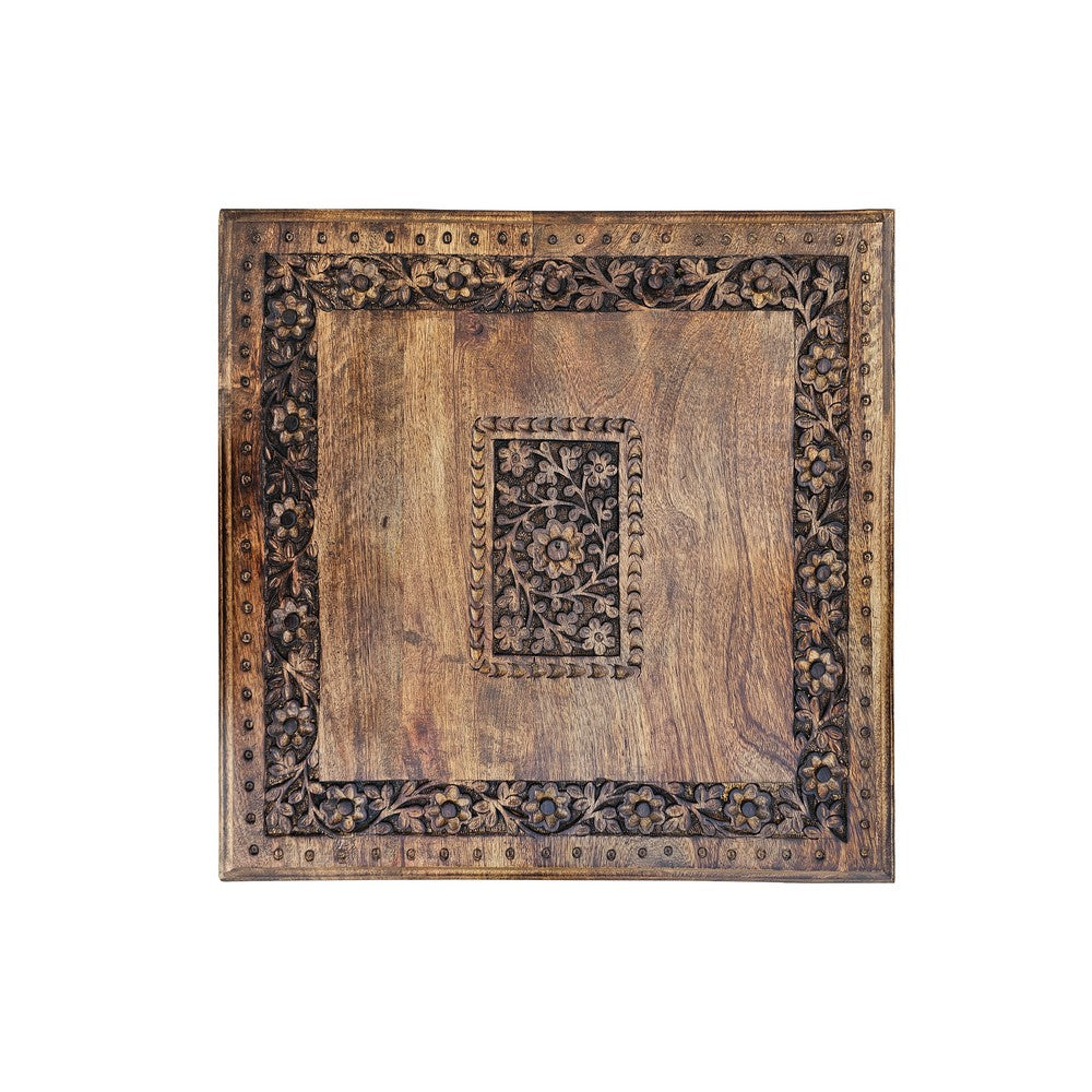The Urban Port 21 Inch Boho Side End Table, Floral Carved Details, Foldable Panel Legs, Natural Walnut Brown