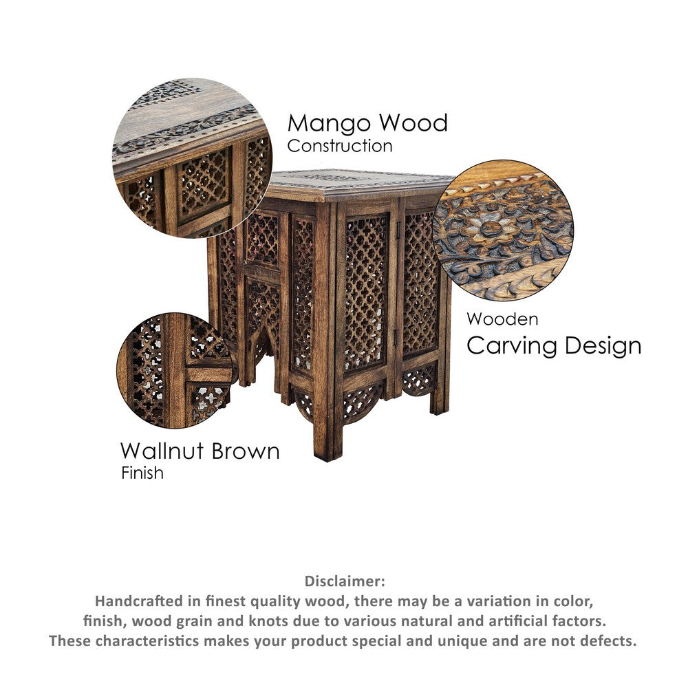 The Urban Port 21 Inch Boho Side End Table, Floral Carved Details, Foldable Panel Legs, Natural Walnut Brown