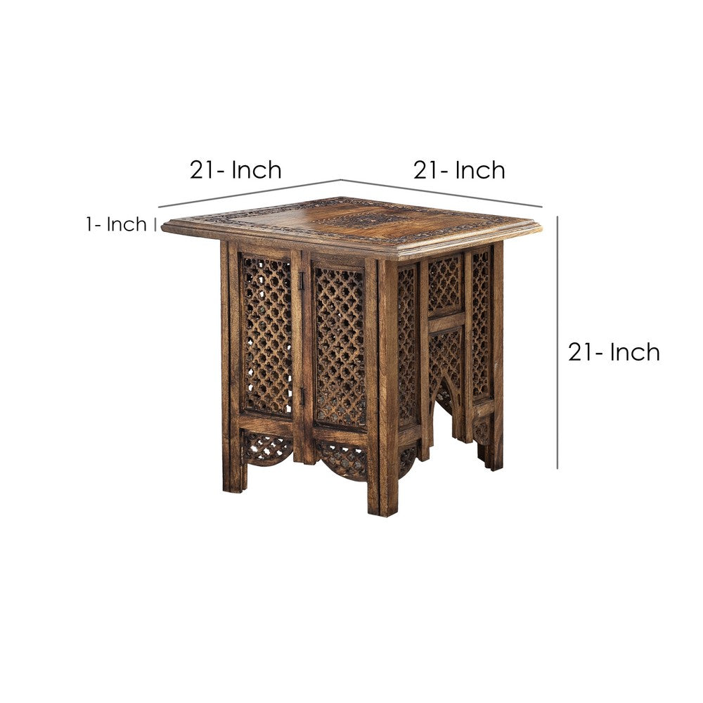The Urban Port 21 Inch Boho Side End Table, Floral Carved Details, Foldable Panel Legs, Natural Walnut Brown