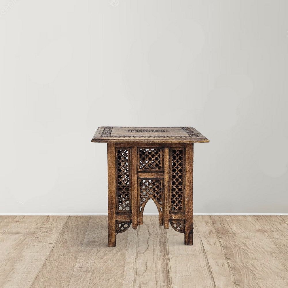The Urban Port 21 Inch Boho Side End Table, Floral Carved Details, Foldable Panel Legs, Natural Walnut Brown