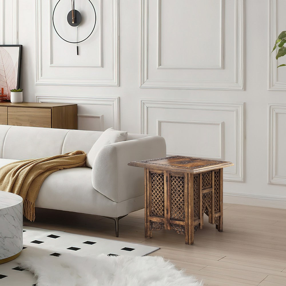 The Urban Port 21 Inch Boho Side End Table, Floral Carved Details, Foldable Panel Legs, Natural Walnut Brown