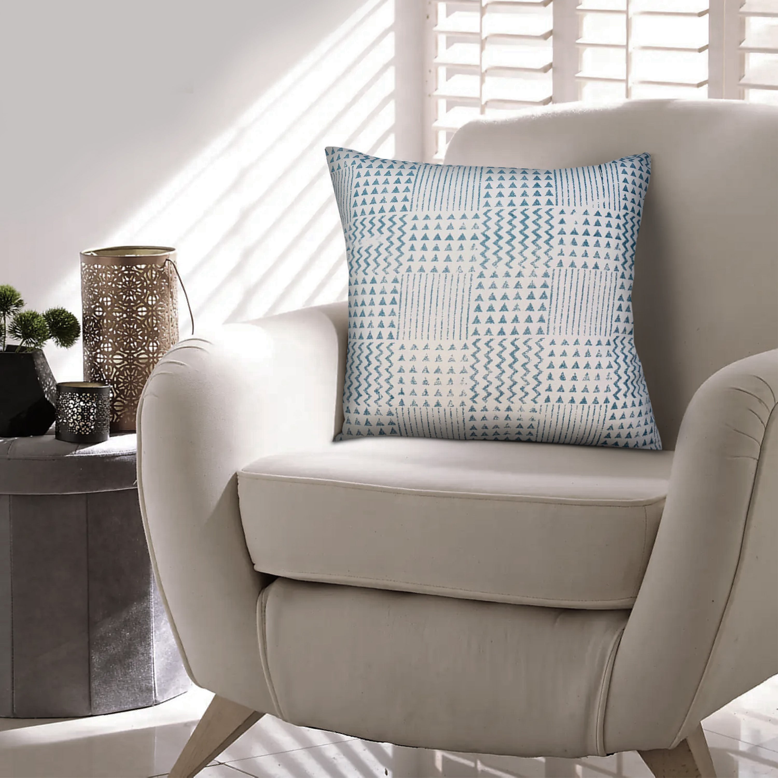 The Urban Port 18 x 18 Handcrafted Square Cotton Accent Throw Pillows, Aztec Minimalistic Print, Set of 2, Blue, White