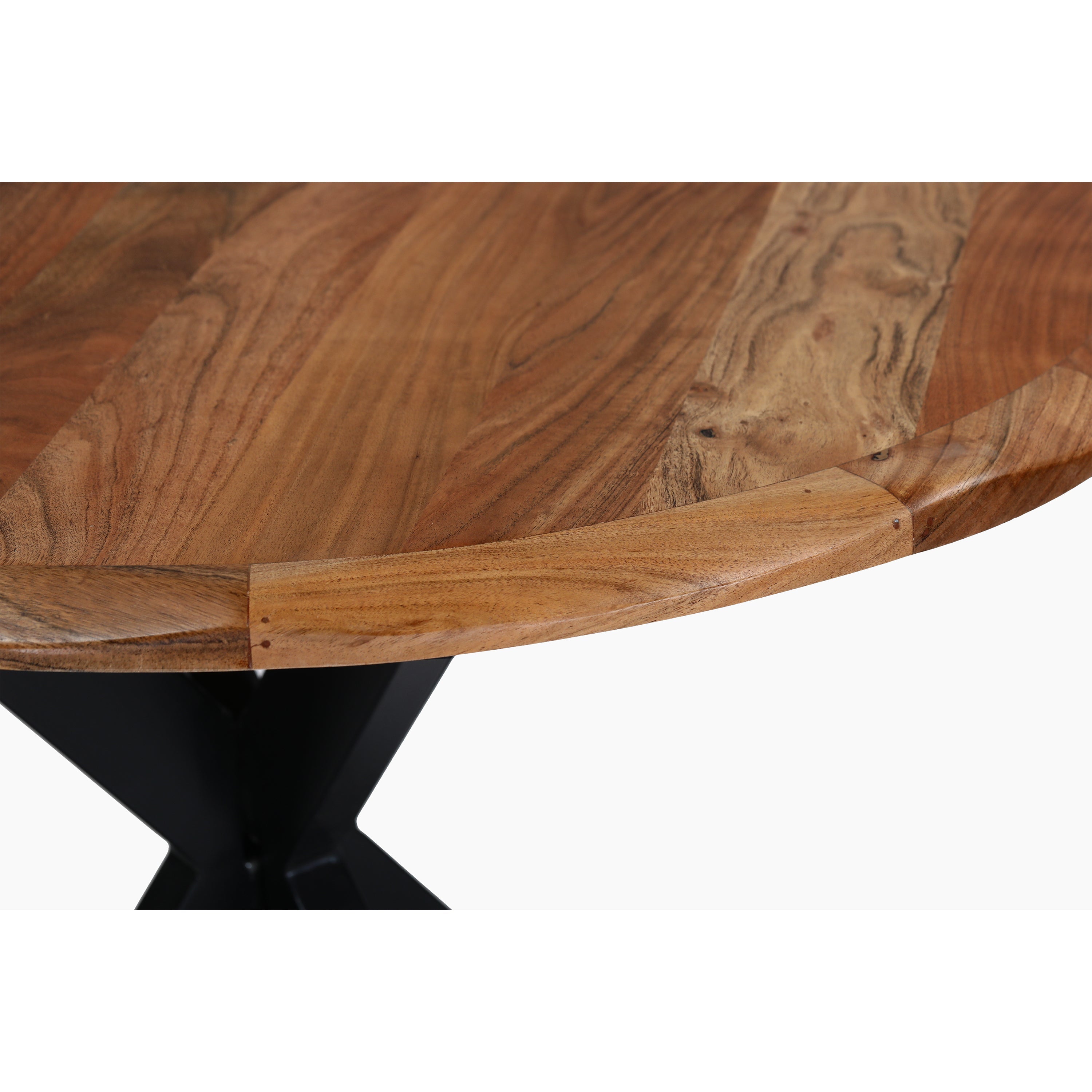 The Urban Port Kuri 41 Inch Handcrafted Live Edge Round Dining Table with a Natural Brown Acacia Wood Top And Black Iron Legs