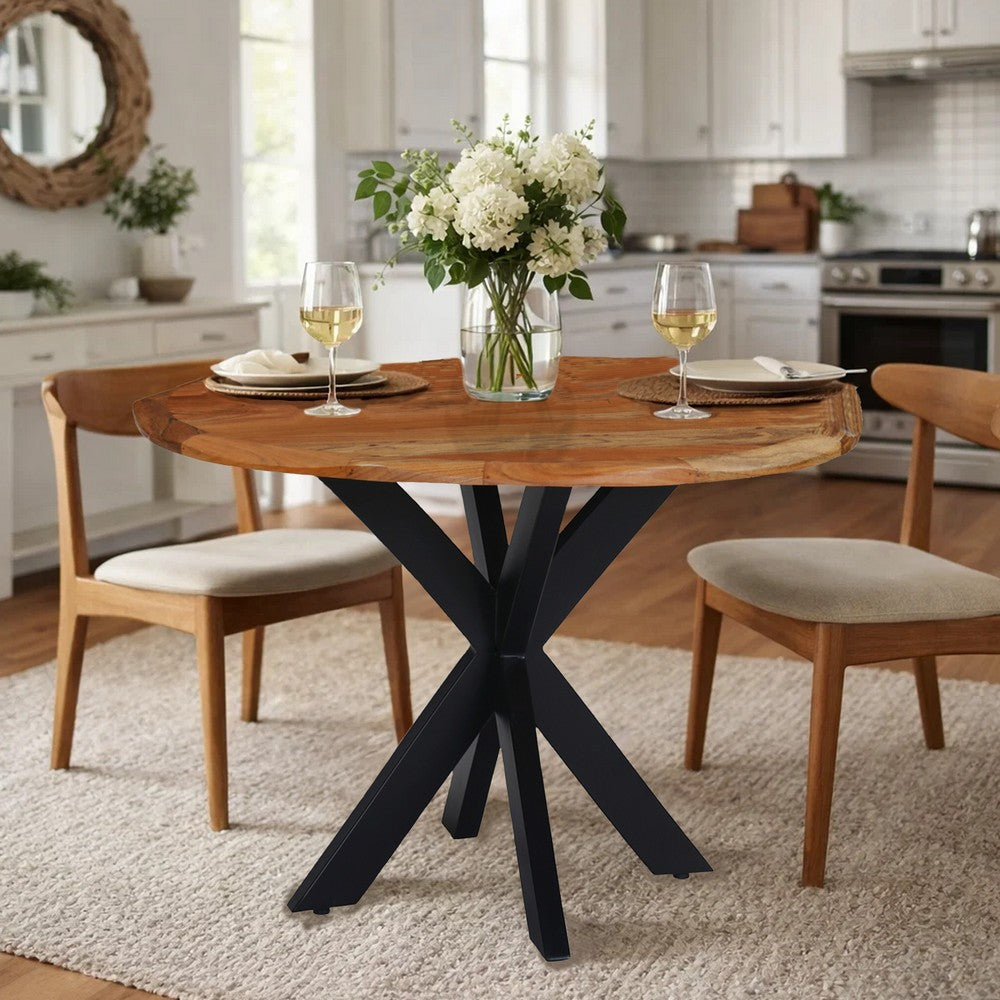The Urban Port Kuri 41 Inch Handcrafted Live Edge Round Dining Table with a Natural Brown Acacia Wood Top And Black Iron Legs