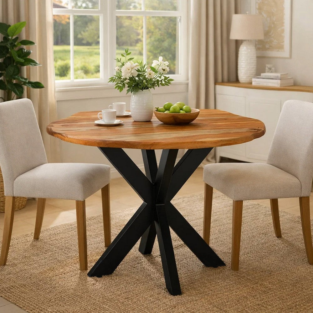 The Urban Port Kuri 41 Inch Handcrafted Live Edge Round Dining Table with a Natural Brown Acacia Wood Top And Black Iron Legs
