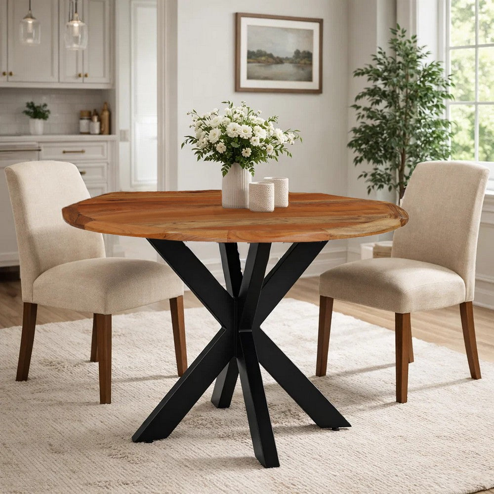 The Urban Port Kuri 41 Inch Handcrafted Live Edge Round Dining Table with a Natural Brown Acacia Wood Top And Black Iron Legs