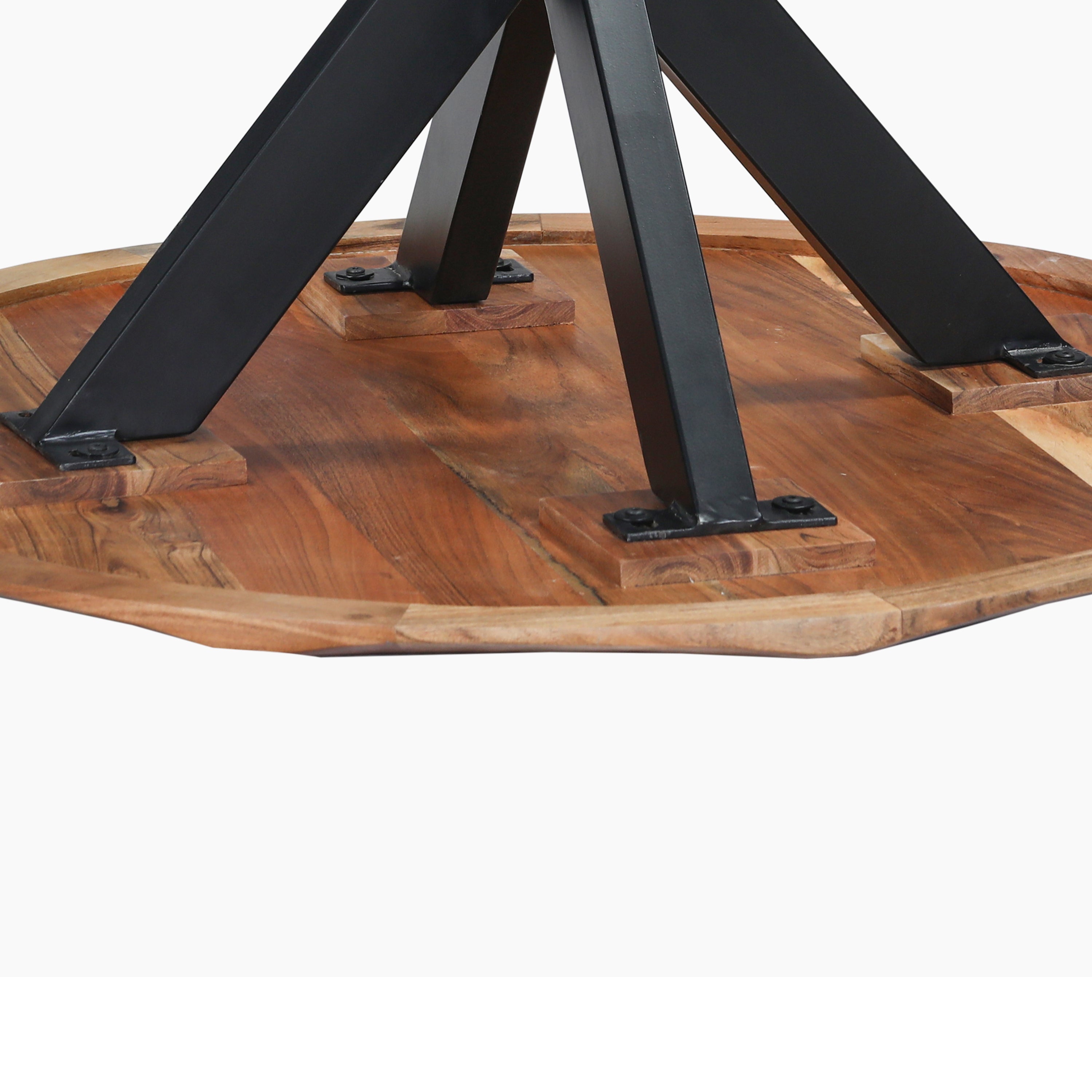 The Urban Port Kuri 41 Inch Handcrafted Live Edge Round Dining Table with a Natural Brown Acacia Wood Top And Black Iron Legs