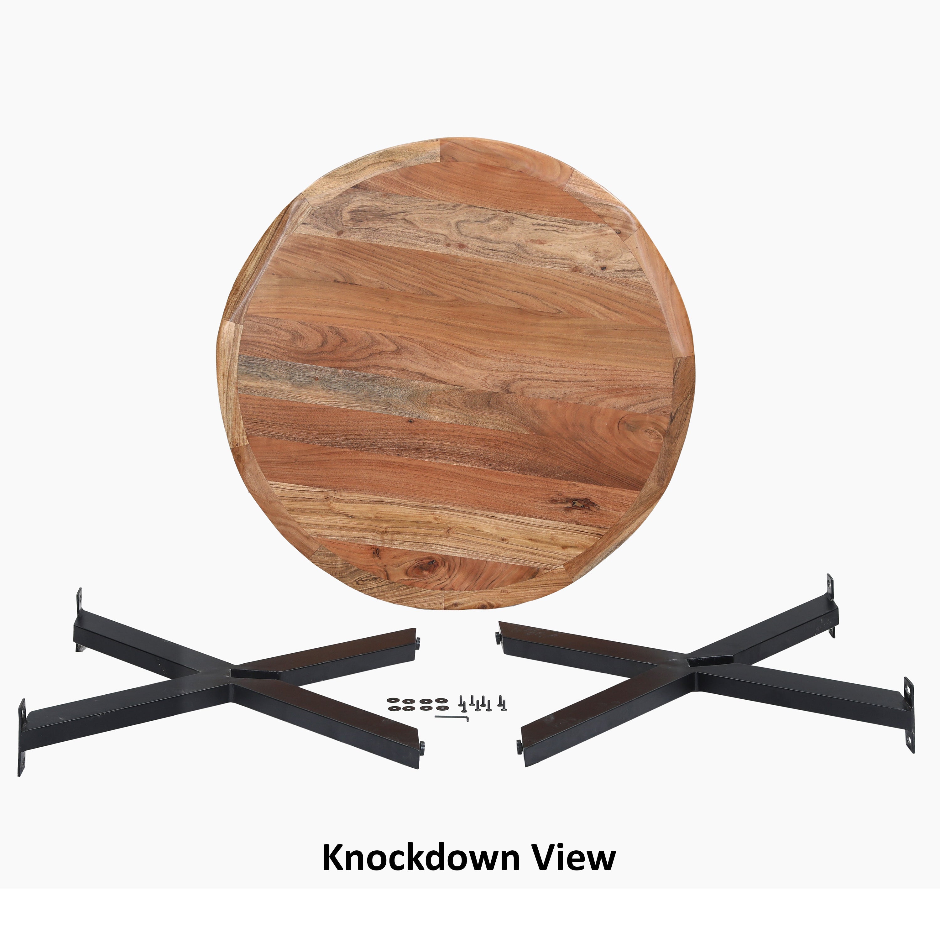 The Urban Port Kuri 41 Inch Handcrafted Live Edge Round Dining Table with a Natural Brown Acacia Wood Top And Black Iron Legs