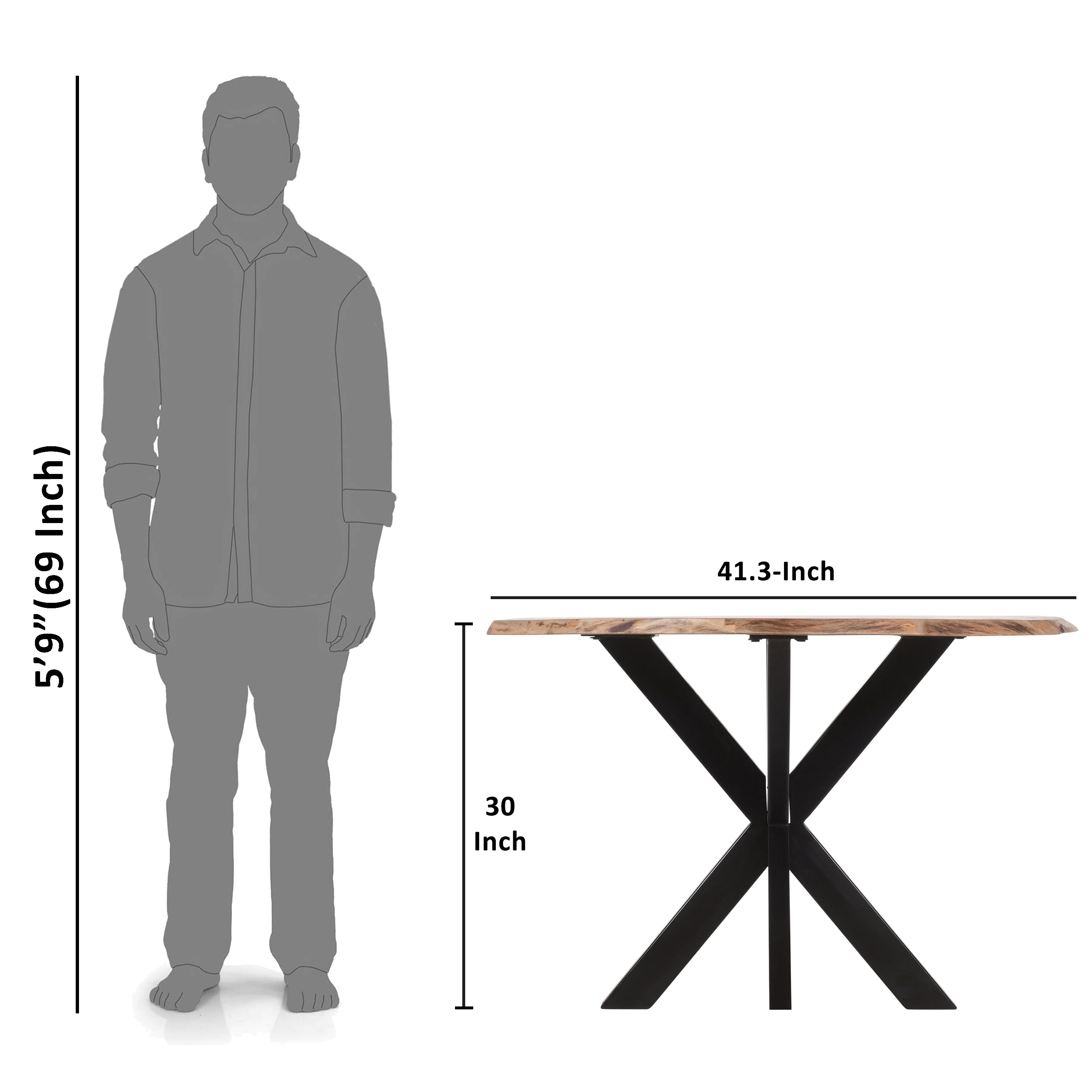 The Urban Port Kuri 41 Inch Handcrafted Live Edge Round Dining Table with a Natural Brown Acacia Wood Top And Black Iron Legs