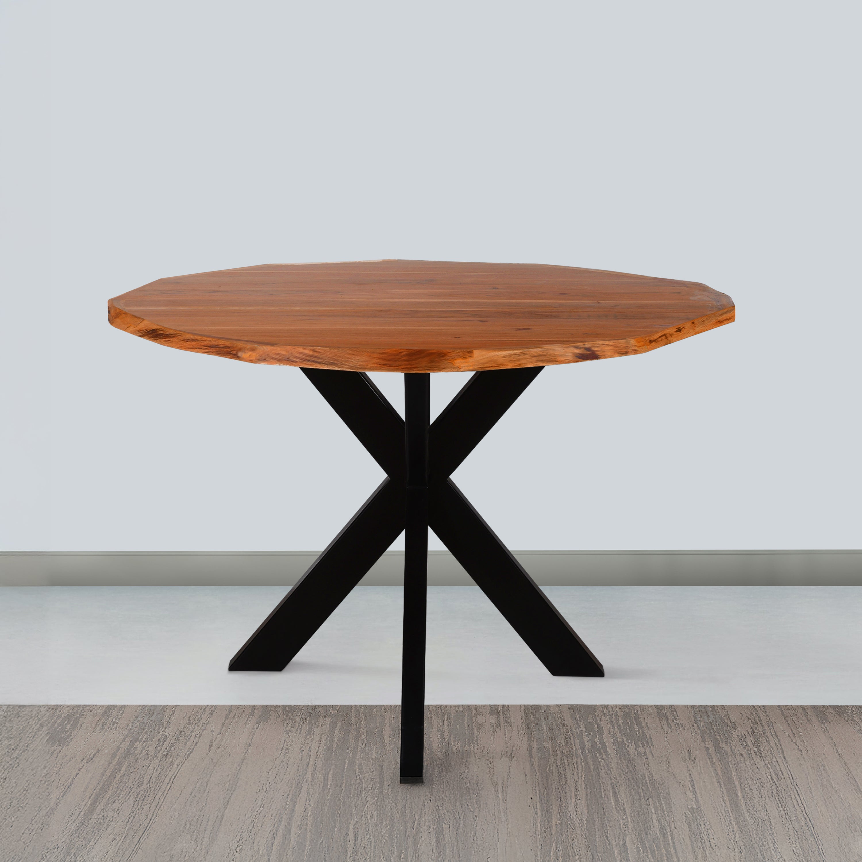 The Urban Port Kuri 41 Inch Handcrafted Live Edge Round Dining Table with a Natural Brown Acacia Wood Top And Black Iron Legs